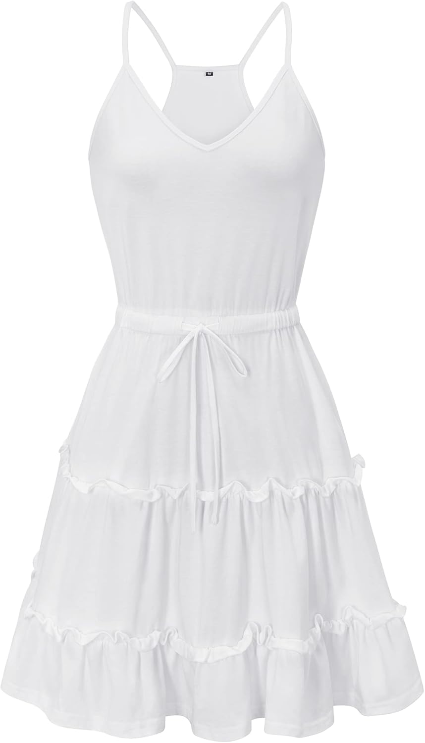 Newshows Sommerkleid Damen Knielang Spaghettiträger Kleid V-Ausschnitt Strandkleider M Weiss, M Wei&