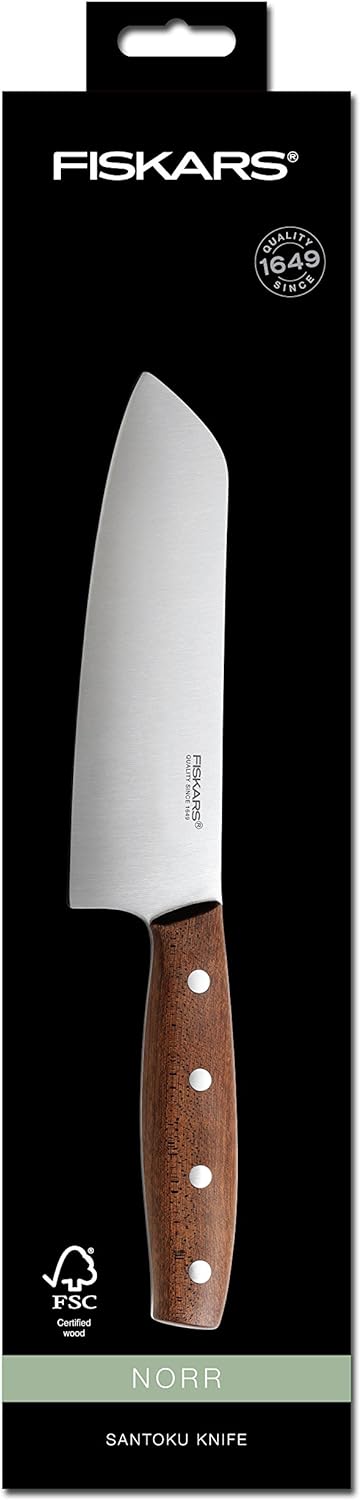 Fiskars Santoku-Messer, Gesamtlänge: 28 cm, Qualitätsstahl/Holz, Braun, Norr, 1016474 Klingenlänge: