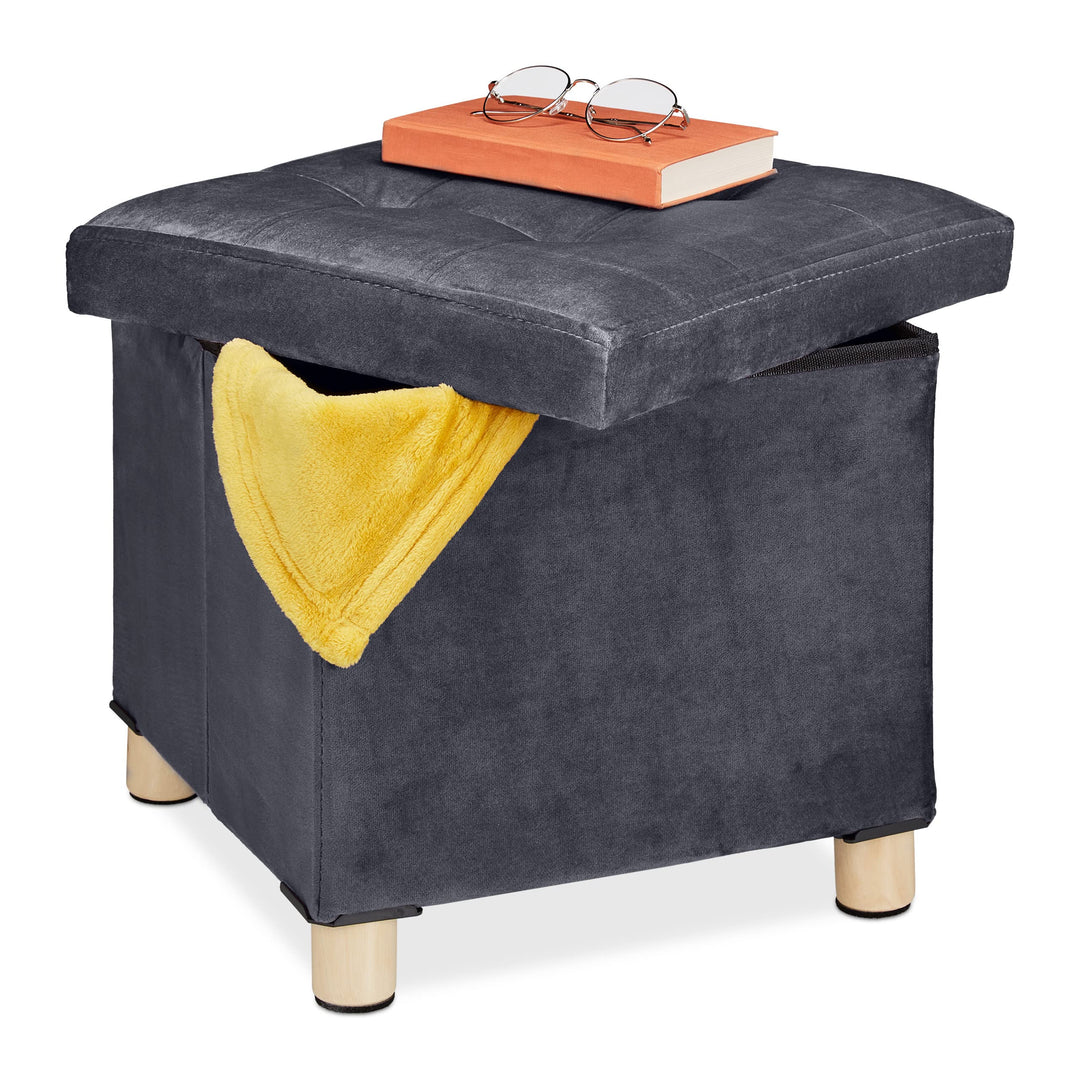 Relaxdays Samthocker mit Stauraum, Tablett im Deckel, mit Holzbeinen, eckiger Sitzhocker, HBT: 35x38