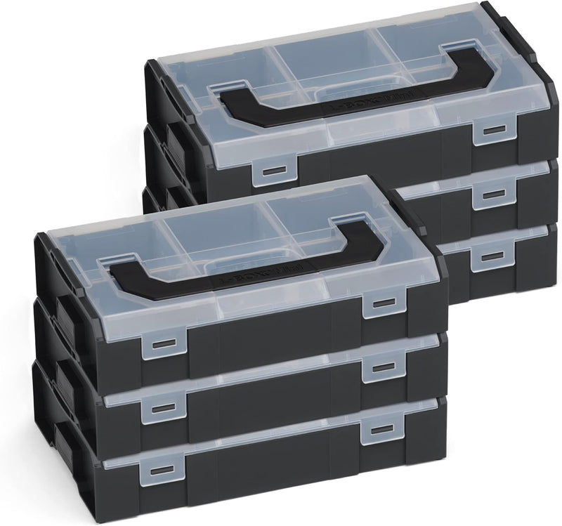 Bosch Sortimo L BOXX Mini | 6er Set in schwarz mit transparentem Deckel | Sortimentskasten Schrauben