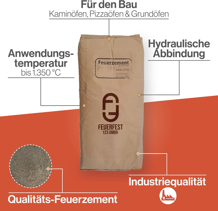 Feuerfest 123 - Feuerzement [Menge 25 kg] - Für Kaminöfen, Öfen &amp; Grills - Feuerfester Zement 1.400