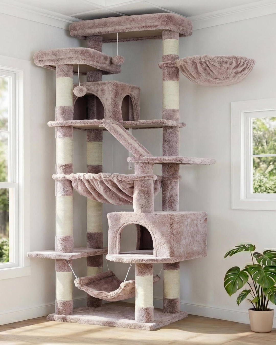Heybly Kratzbaum, 180 cm Hoher Katzenturm für Wohnungskatzen mit 2 Plattformen, 2 Grossen Schlafhäus