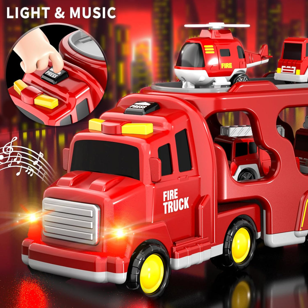 5-in-1 Feuerwehr-Spielzeug für Kleinkinder Jungen & Mädchen, Friktions-Auto-Transporter mit Licht &
