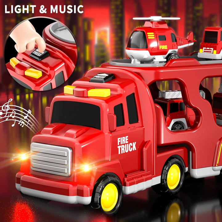 5-in-1 Feuerwehr-Spielzeug für Kleinkinder Jungen & Mädchen, Friktions-Auto-Transporter mit Licht &