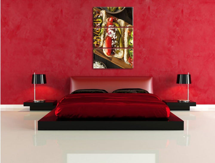 Pixxprint Amerikanische Hotdogs als Leinwandbild 3 teilig/Grösse: 3 Teilig (120x80) / Wandbild/Kunst