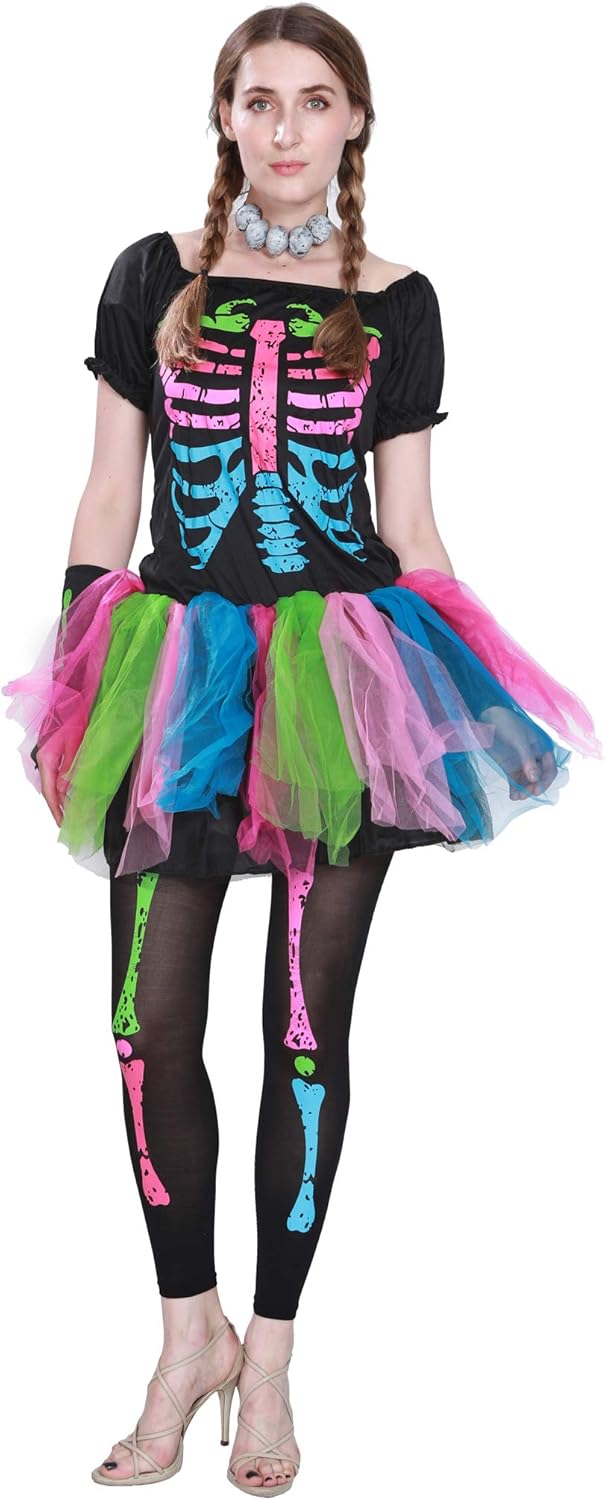 EraSpooky Neon Skelett Damen Halloween Regenbogen Kostüm Kleid Outfit, L
