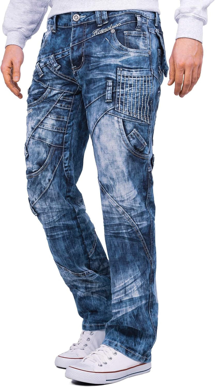 Herren Jeans Regular Fit 5-Pocket mit Knopfleiste | Kontrastnaht in Weiss und Orange, Mehrfach-Zippe
