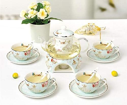 YBK Tech Teekanne mit Stövchen und Teesieb aus feinem Porzellan und Glas (Blau (Rosen- und Kleidermu