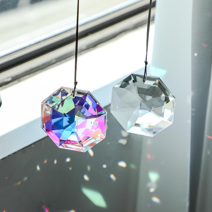 HDCRYSTALGIFTS 80mm Regenbogenprisma Sonnenfänger für das Fenster AB farbige grosse Kristalloktagonp