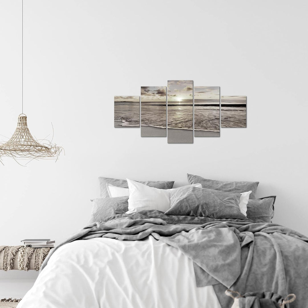 Runa Art Wandbilder Sonnenuntergang Strand 5 Teilig Bild auf Vlies Leinwand Deko Schlafzimmer Wohnzi