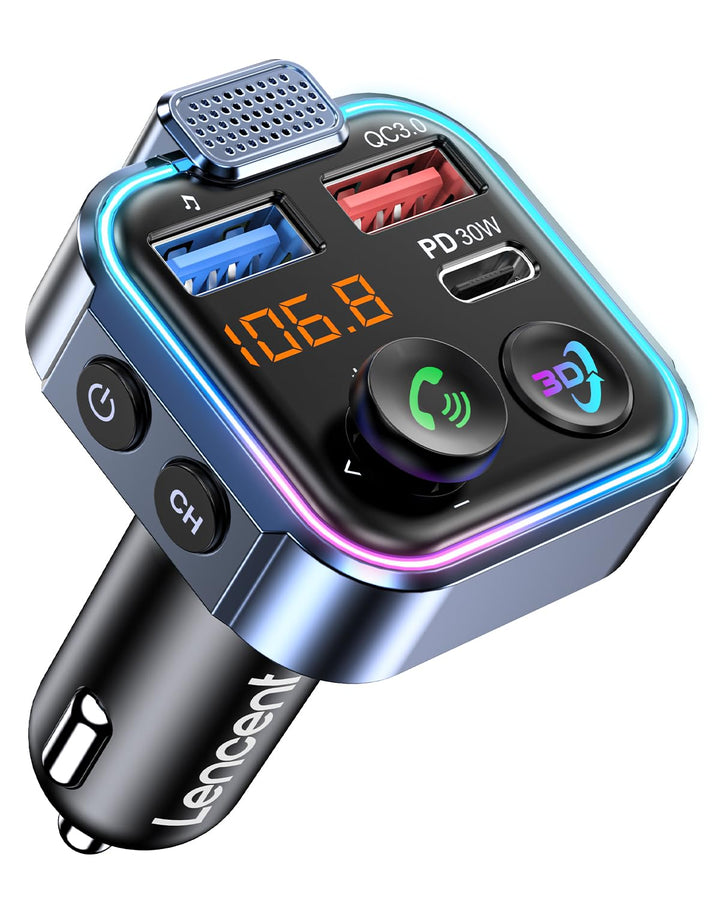 LENCENT Bluetooth 5.3 FM Transmitter, Drahtloser Radio Adapter mit Typ-C PD 30W+ QC3.0 Fast USB Lade