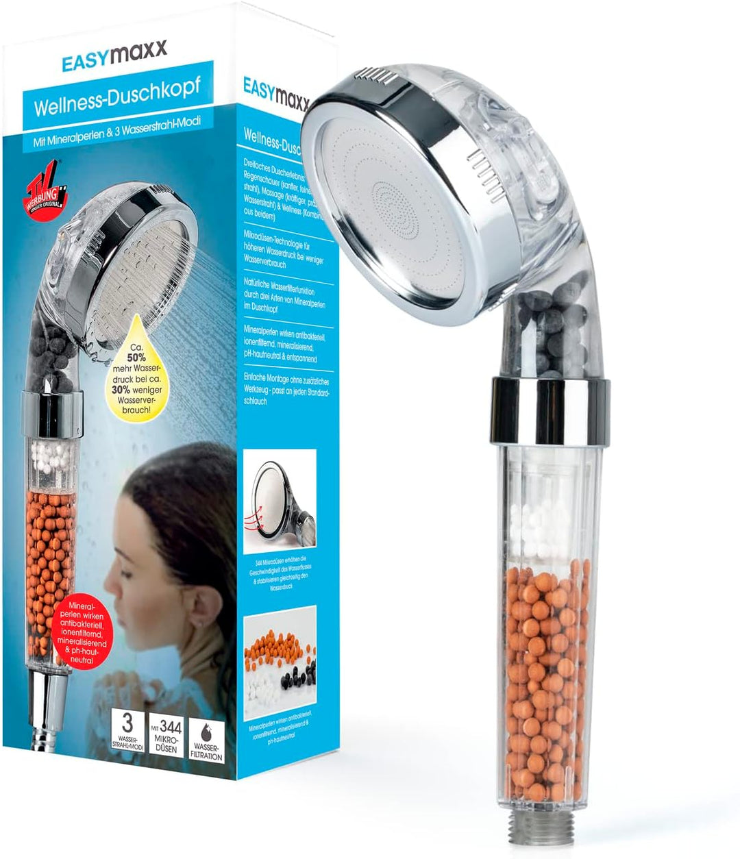 EASYmaxx Wellness-Duschkopf mit Mineralperlen & 3 Wasserstrahl-Modi | Spart 30% Wasser bei ca. 50% m