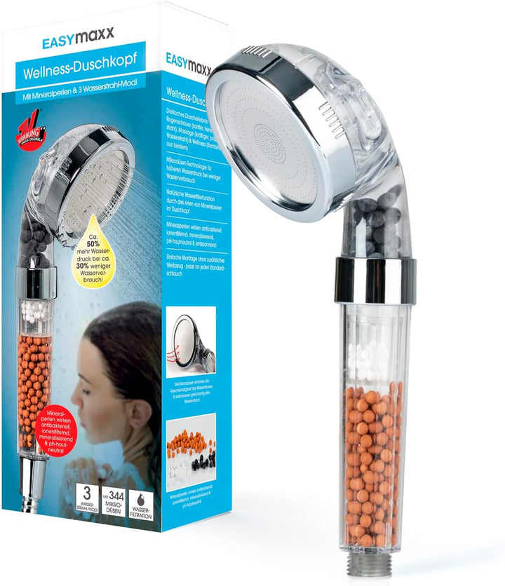 EASYmaxx Wellness-Duschkopf mit Mineralperlen & 3 Wasserstrahl-Modi | Spart 30% Wasser bei ca. 50% m