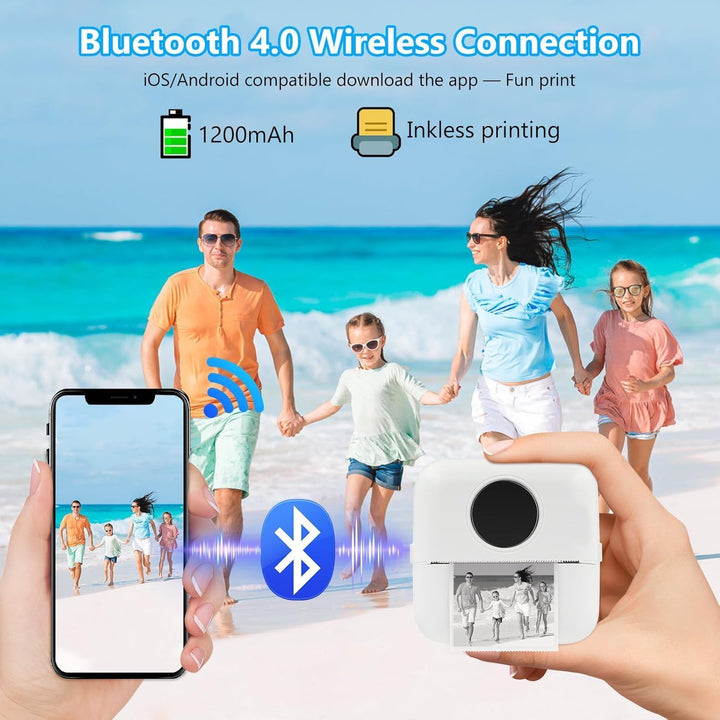 Hsthe Sea Mini-Drucker tragbar für Smartphone, kabelloser Thermodrucker, Fotodrucker mit 5 Papierrol