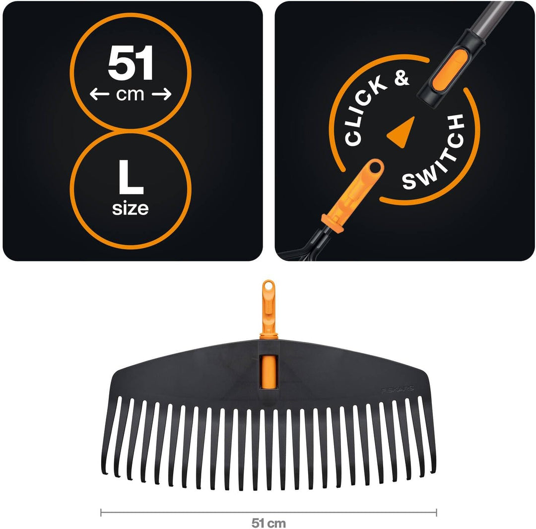 Fiskars OneClick Laubrechen L, Breiter Fächerbesen-Aufsatz für grosse Rasenflächen, Müheloses Wechse