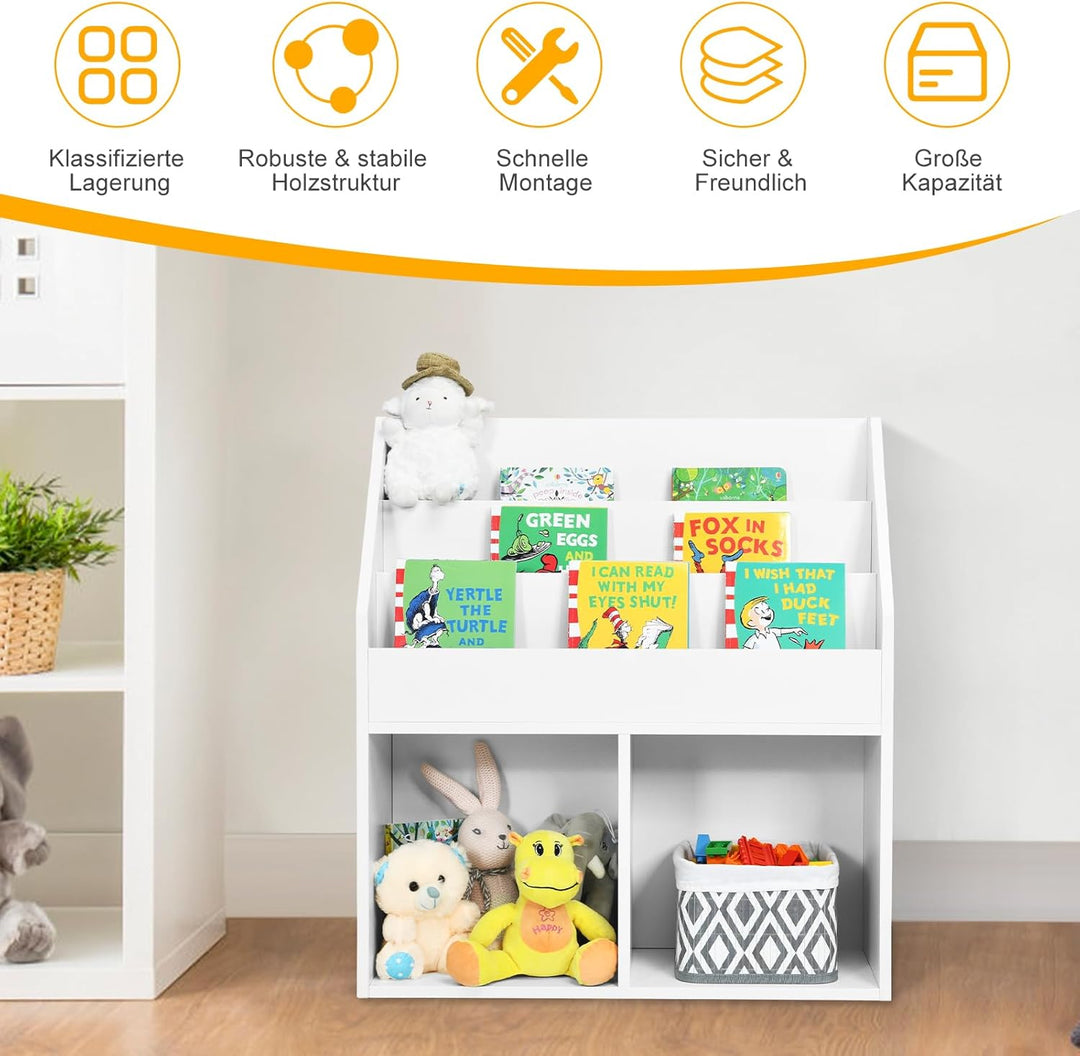 COSTWAY Bücherregal für Kinder, Spielzeugregal aus Holz mit 3-stufigem Fach &amp; 2 Ablagen, 2 in 1 Kind