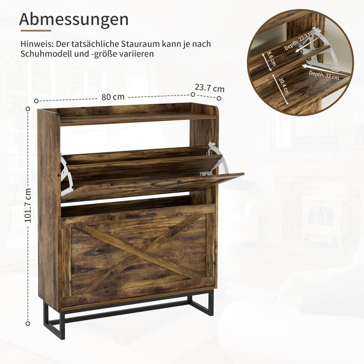 Schuhschrank schmal, Schuhkipper mit 2 Klappen, Schuhregal mit 4 Ablageflächen für Flur, Schuhkommod