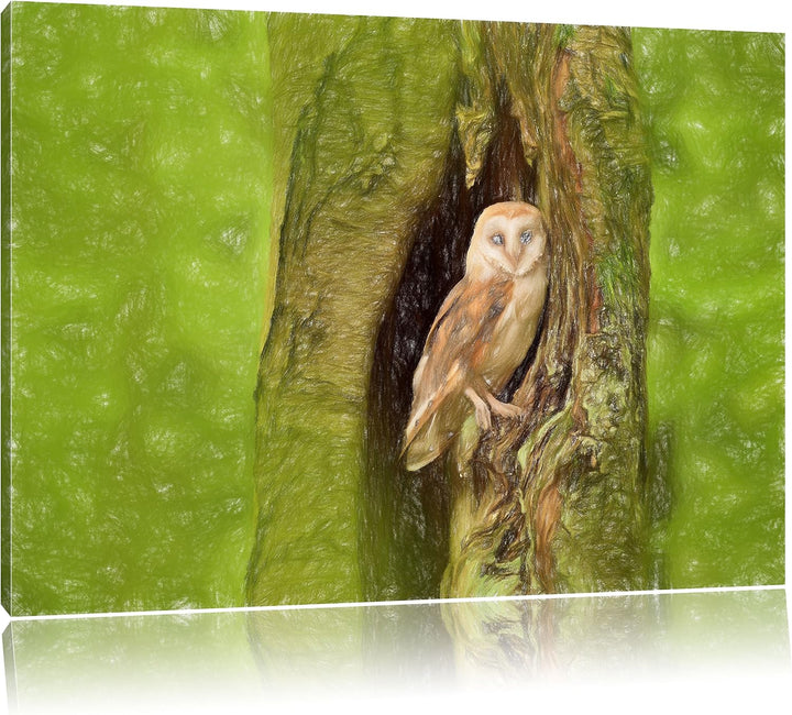Pixxprint Schleiereule in der Baumhöhle Kunst Buntstift Effekt, Format: 100x70 auf Leinwand, XXL rie