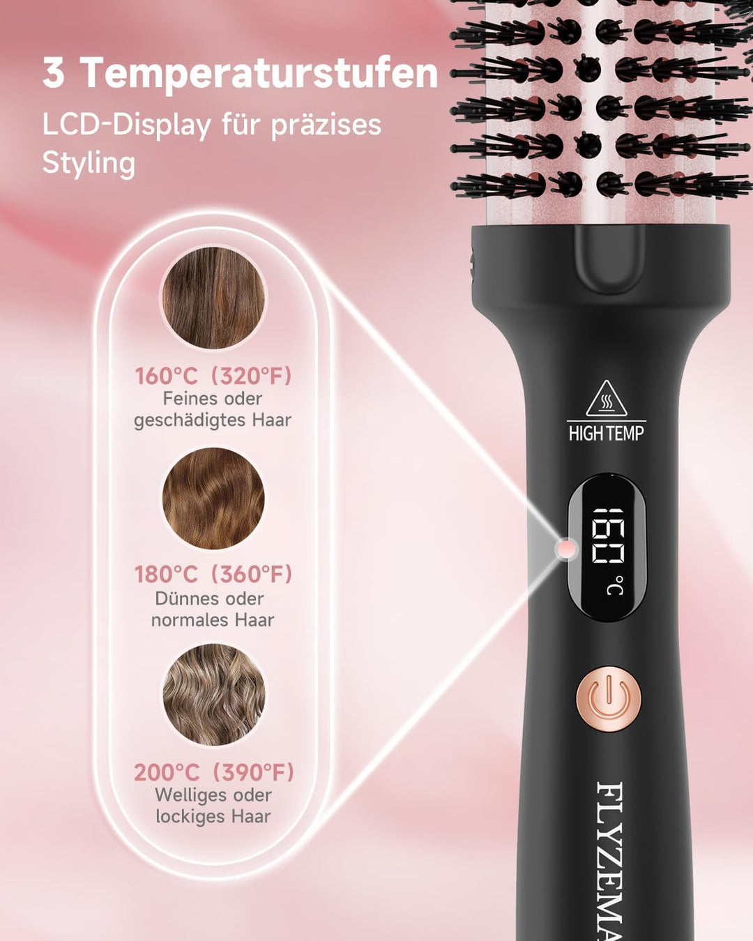 Thermobürste, Thermal Brush 38mm - Runder Heizkamm für natürliche Locken und glatteres Haar, 3 Tempe
