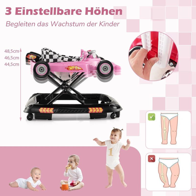 DREAMADE Lauflernwagen Klappbar, Rennauto-Motiv Lauflernhilfe mit 3 Einstellbaren Höhen, Abnehmbarem