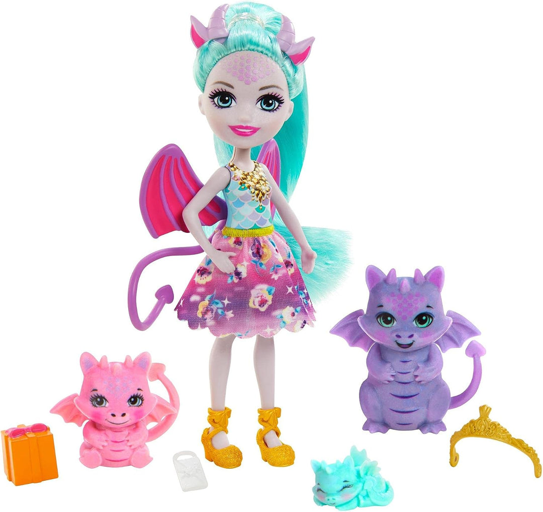 Enchantimals GYJ09 - Deanna Dragon Familie Spielset, Puppe (15,2 cm) mit 3 Drachenfiguren und 4 Zube