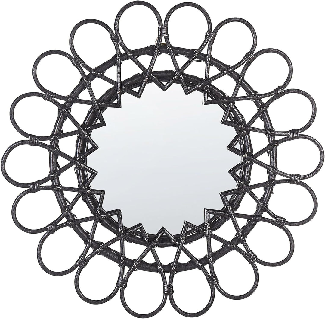 Origineller Wandspiegel schwarz aus Rattan in Sonnenform rund Boho 60 cm Babai