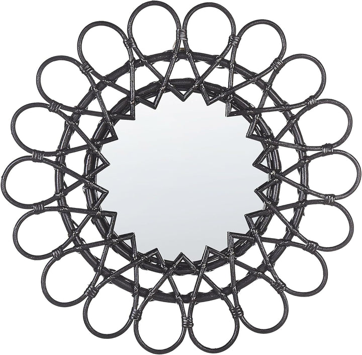 Origineller Wandspiegel schwarz aus Rattan in Sonnenform rund Boho 60 cm Babai