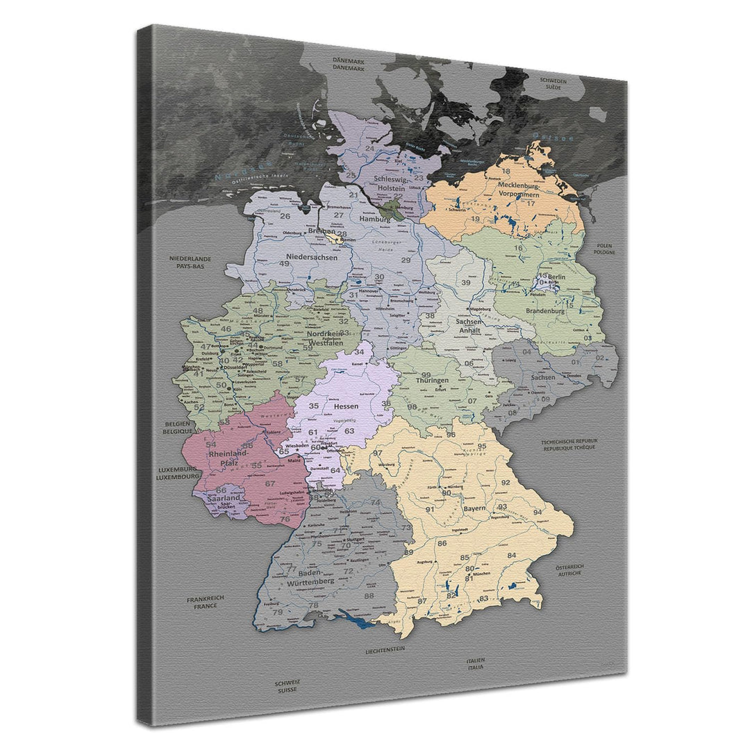LanaKK – Deutschlandkarte Leinwandbild „Deutschlandkarte Edelgrau” - deutsch - Kunstdruck-Pinnwand a