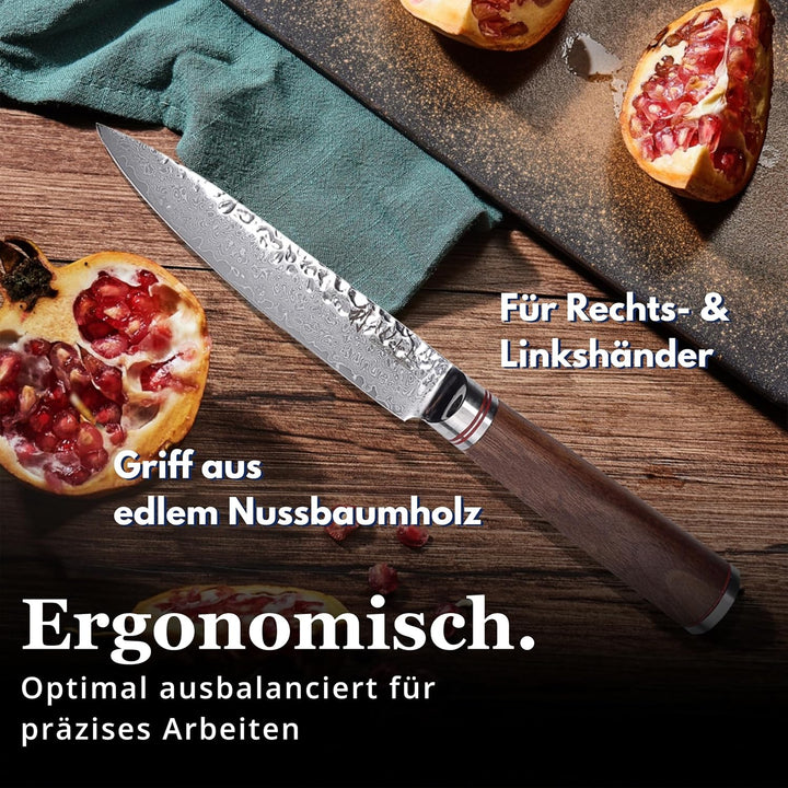 Wakoli Nussbaum Allzweckmesser mit 12,5 cm Klinge aus 67 Lagen Damaststahl mit VG10-Kern, Hammerschl