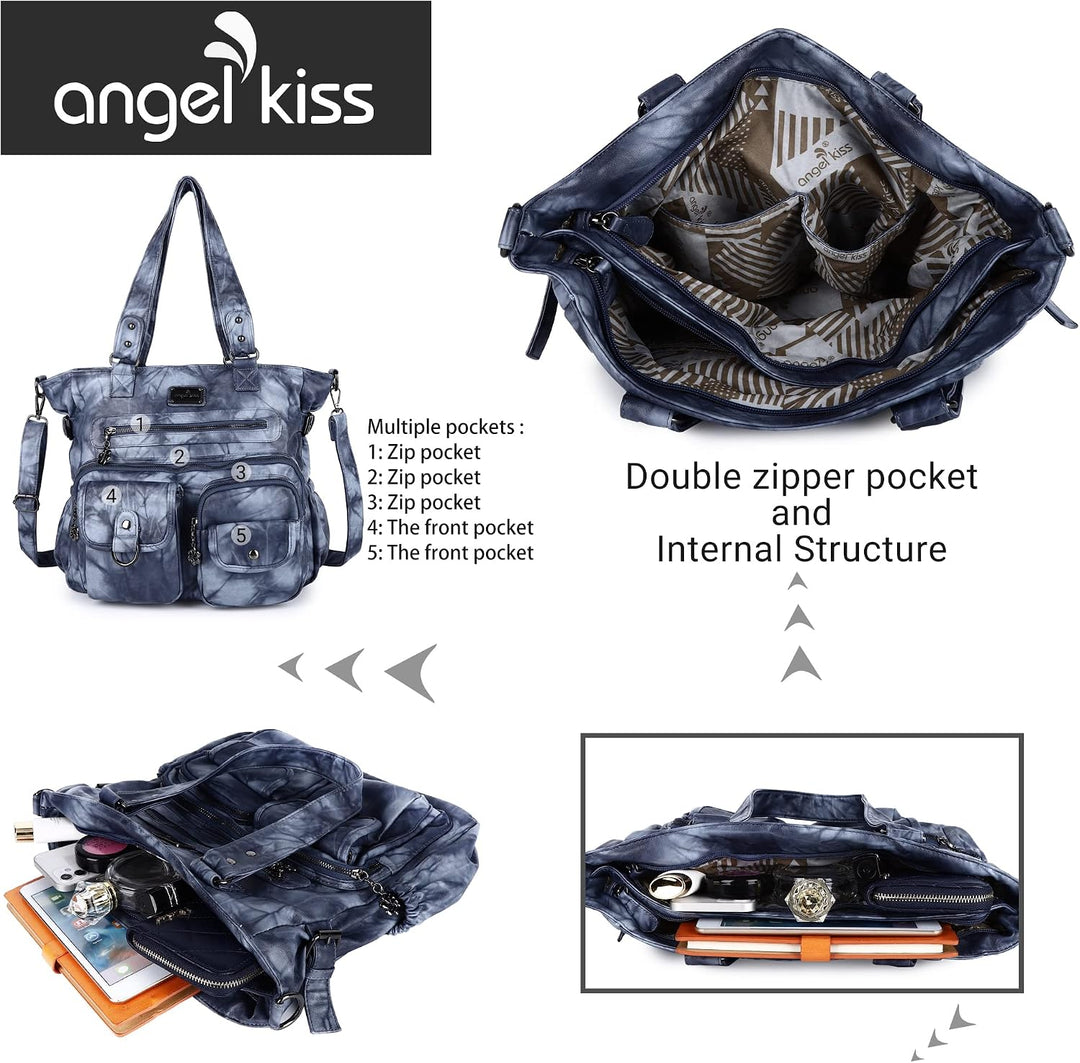 Angel Kiss Handtasche Damen Schultertasche Multifunktionale Umhängetaschen Gewaschenes Veganes Leder