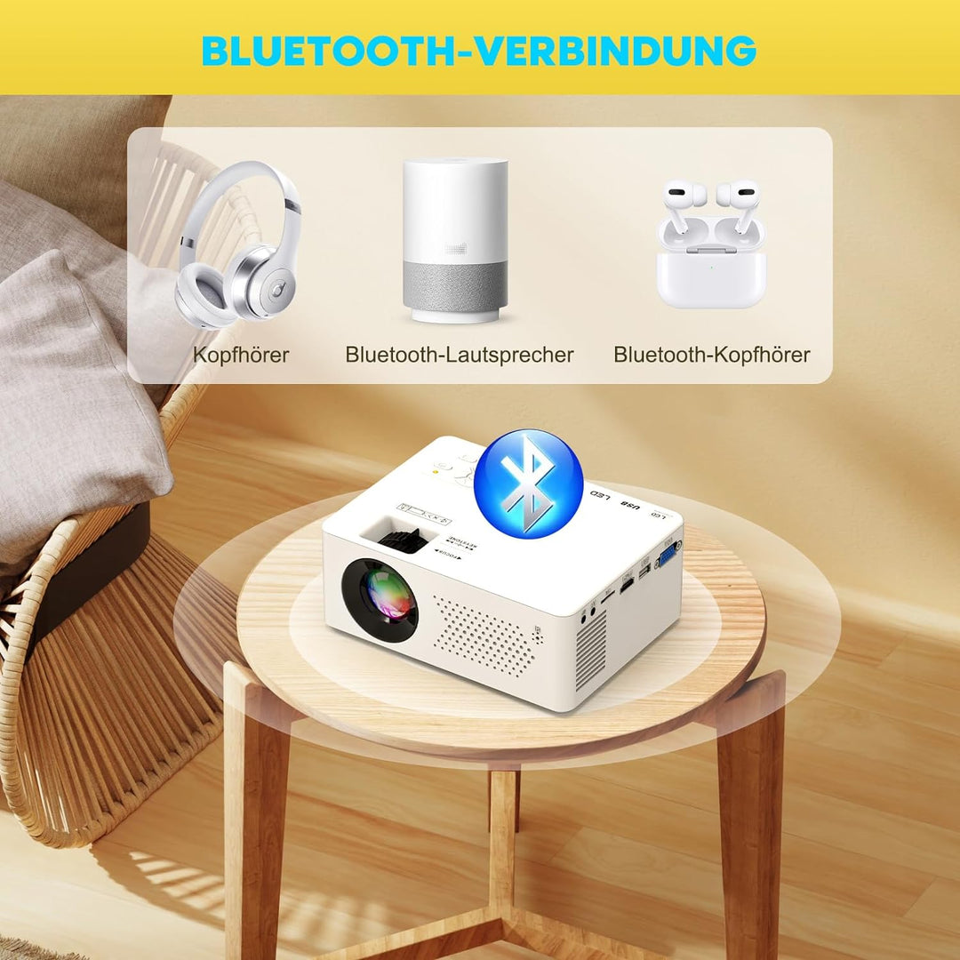 PURSHE Mini Beamer, Mini Bluetooth Projektor Full HD 1080P Tragbarer Outdoor Filmprojektor für iOS,