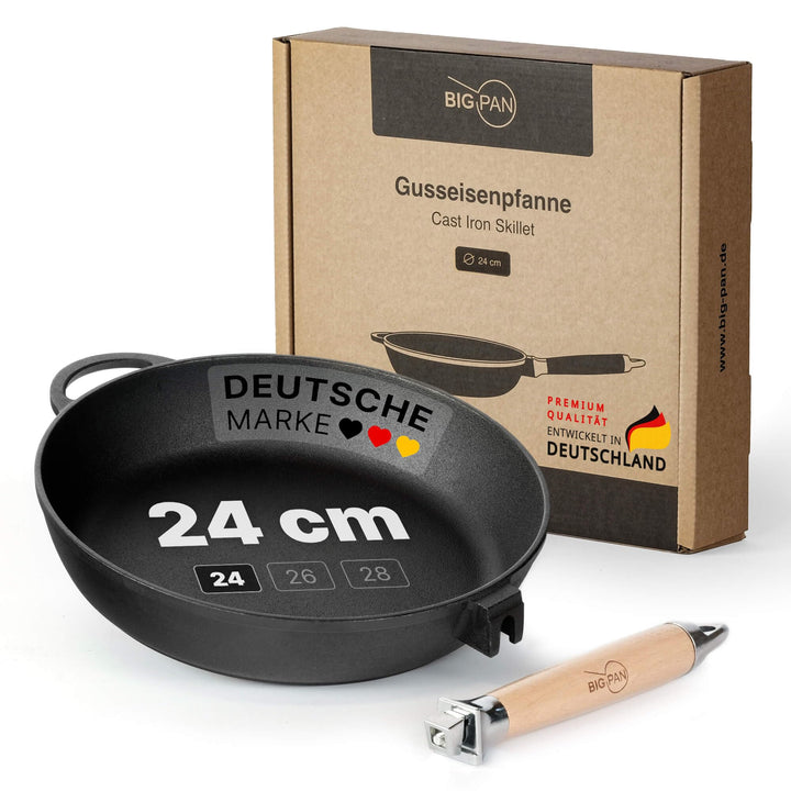 Premium Gusseisenpfanne Induktion 24 cm Pfanne Gusseisen UNBESCHICHTET sandgestrahlt universell Cast