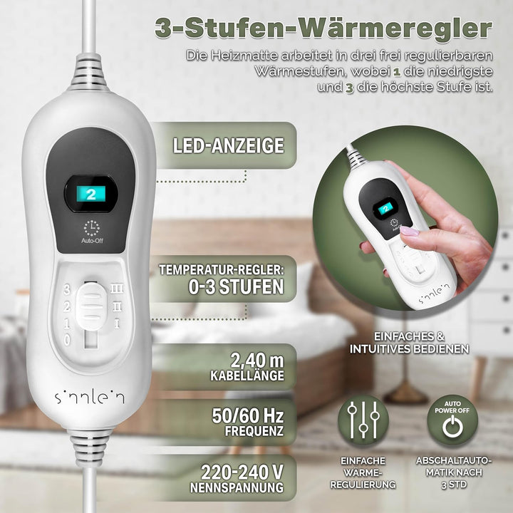 sinnlein Wärmeunterbett 150x80cm mit Abschaltautomatik | Heizdecke mit 3 Temperaturstufen | Wärmebet
