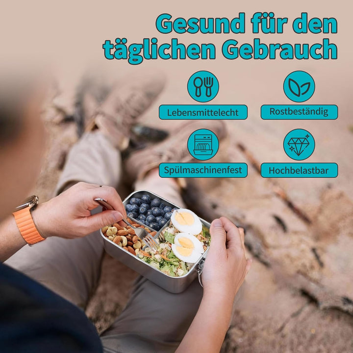 Onader Edelstahl Brotdose mit Fächern 2er Set, 850ml Bento Box Lunchbox mit Abnehmbar Trennwand, Met