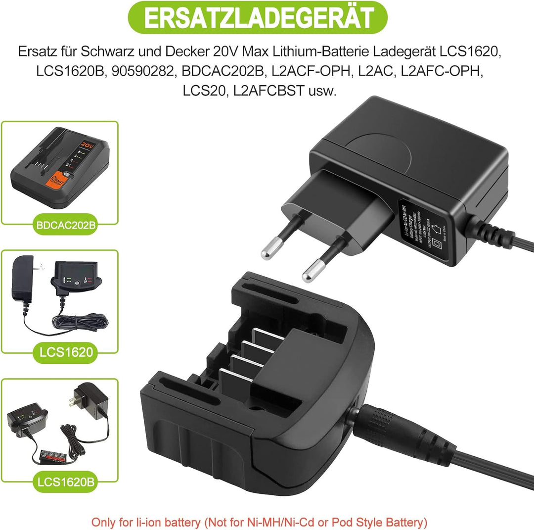 18V/20V Ersatz Ladegerät Kompatibel mit Black & Decker Li-ion Akku BL2018 LBXR20-OPE LBXR20 LB20 LBX