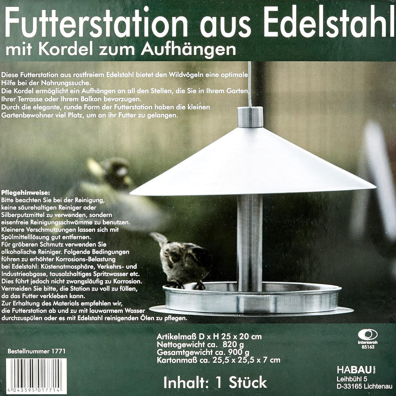 Habau 1771 Futterstation aus Edelstahl mit Kordel zum Aufhängen, Silber