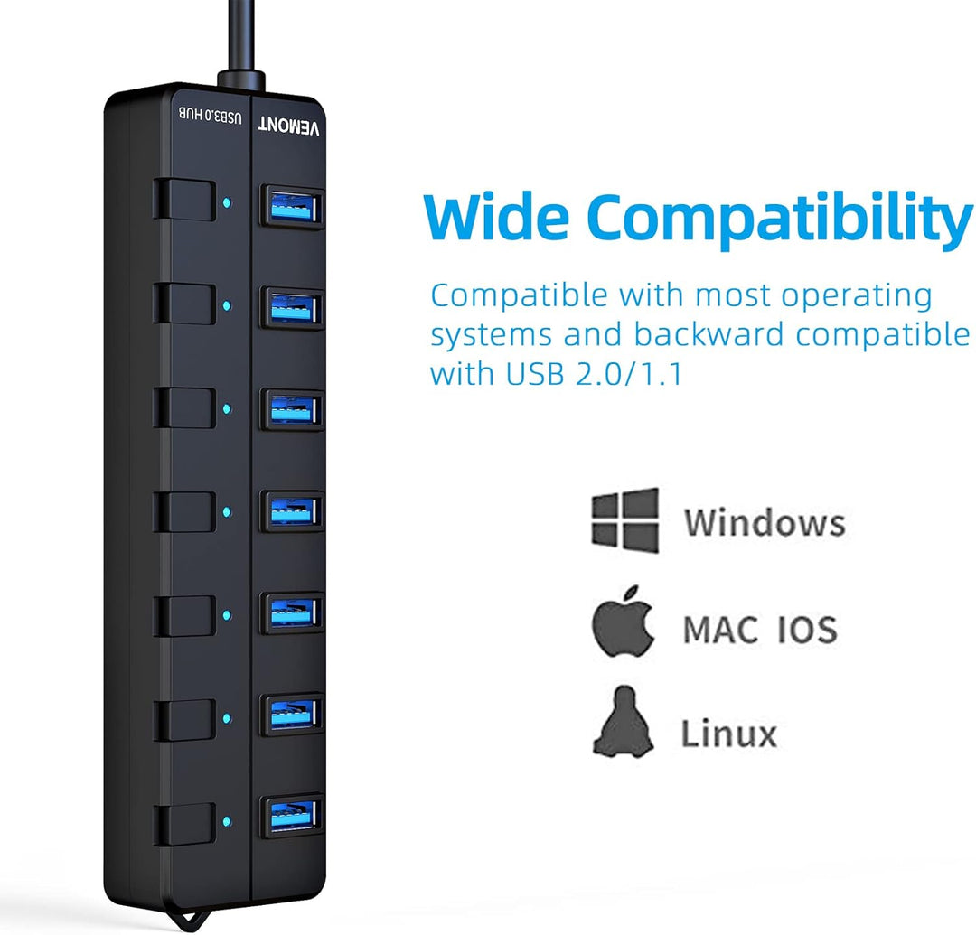 USB 3.0 Hub mit Netzteil,VEMONT 7 Ports USB Hub Aktiv USB Verteiler 5Gbps und Einzelne EIN/Aus-Schal