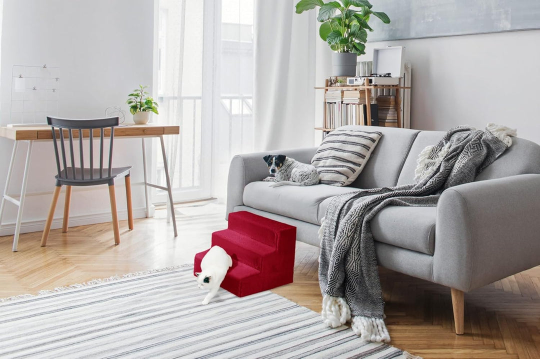 Mg Design Hundetreppe 3 Stufen in Rot – Stabiler Holzrahmen, gelenkschonend, leicht & mobil, für Sof