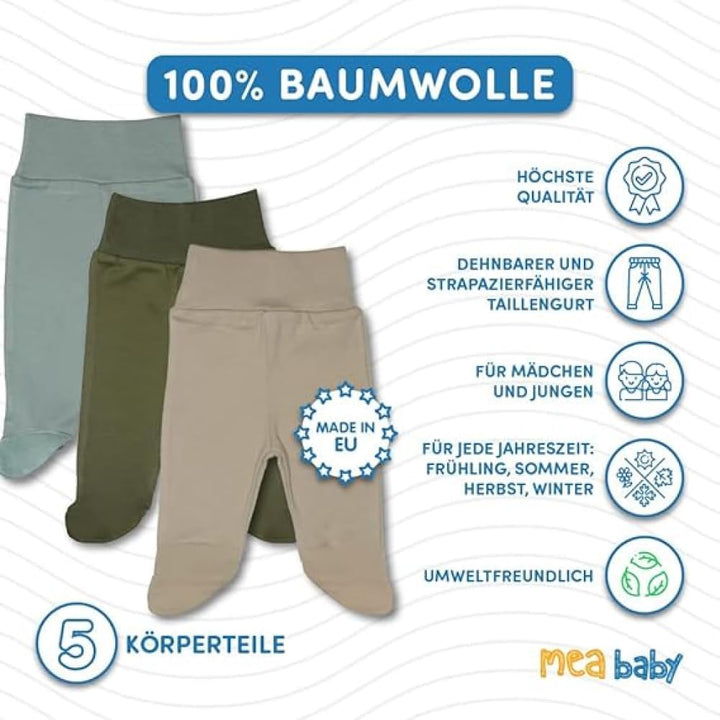 MEA BABY Unisex Baby Hose mit Fuss aus 100% Baumwolle im 5er Pack. Baby Stramplerhose mit Fuss. Baby