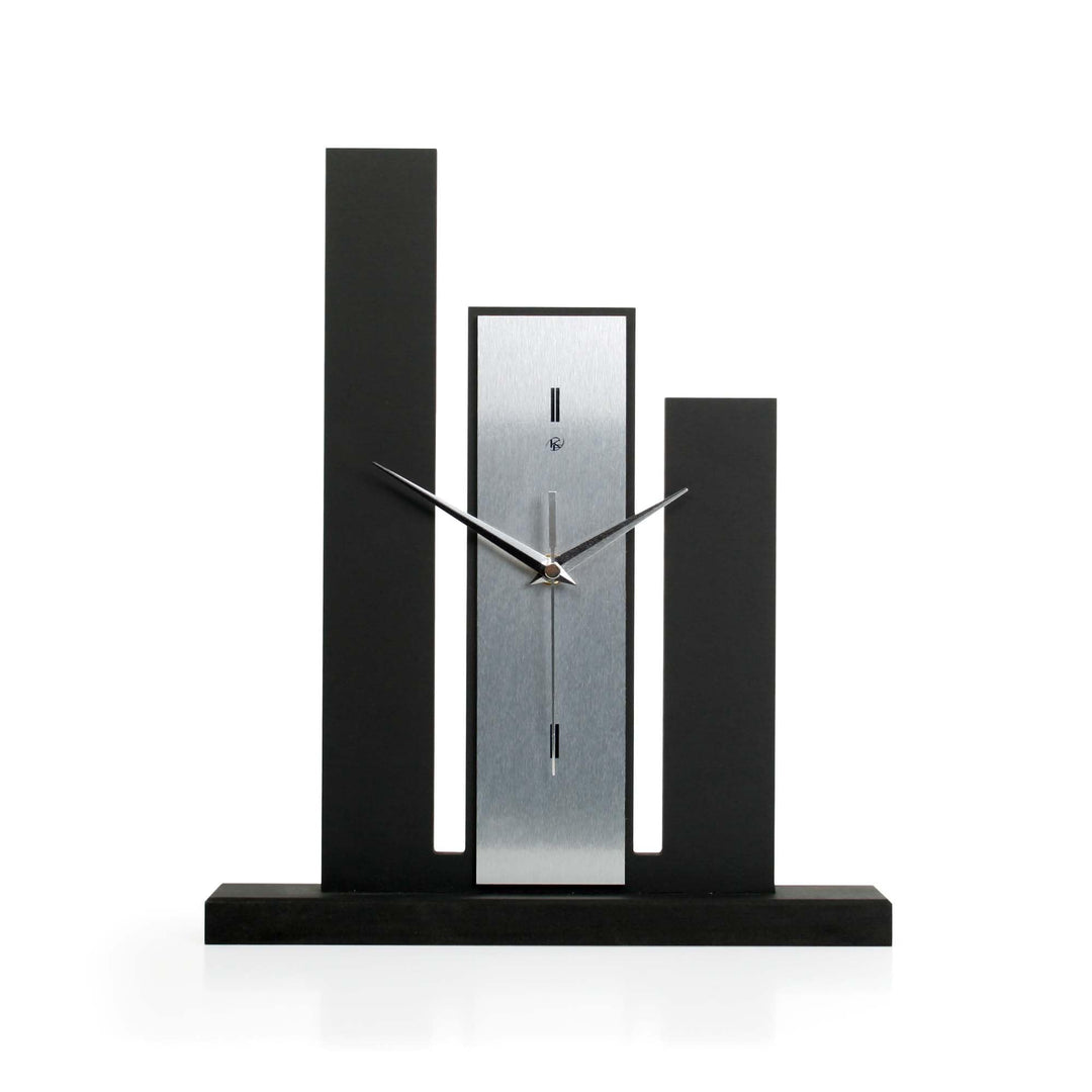 Kreative Feder Designer-Standuhr „Stairs“ aus Holz – Schwarze Tischuhr in modernem Metallic-Look ohn