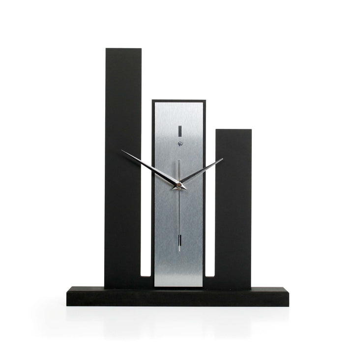 Kreative Feder Designer-Standuhr „Stairs“ aus Holz – Schwarze Tischuhr in modernem Metallic-Look ohn
