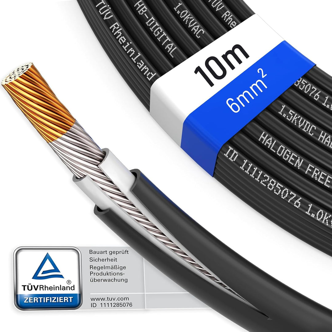 HB-DIGITAL 10m Solarkabel H1Z2Z2-K TÜV Rheinland geprüft 6mm2 UV-beständig flexibel PV Kabel Reines