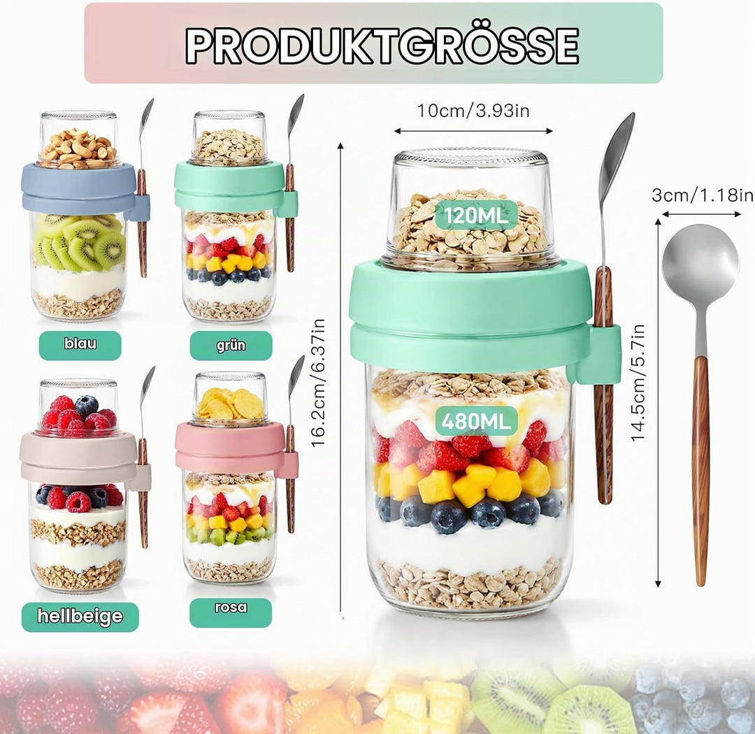 4er Set Müslibecher to Go mit Löffel, 480ml+120ml Overnight Oats Gläser, Joghurtbecher to go mit Dop