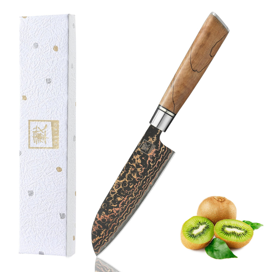 zayiko BlackMagma Damastmesser Santoku I 12 cm Klinge aus Damaststahl mit Kupfer &amp; Bronze sowie Ahor
