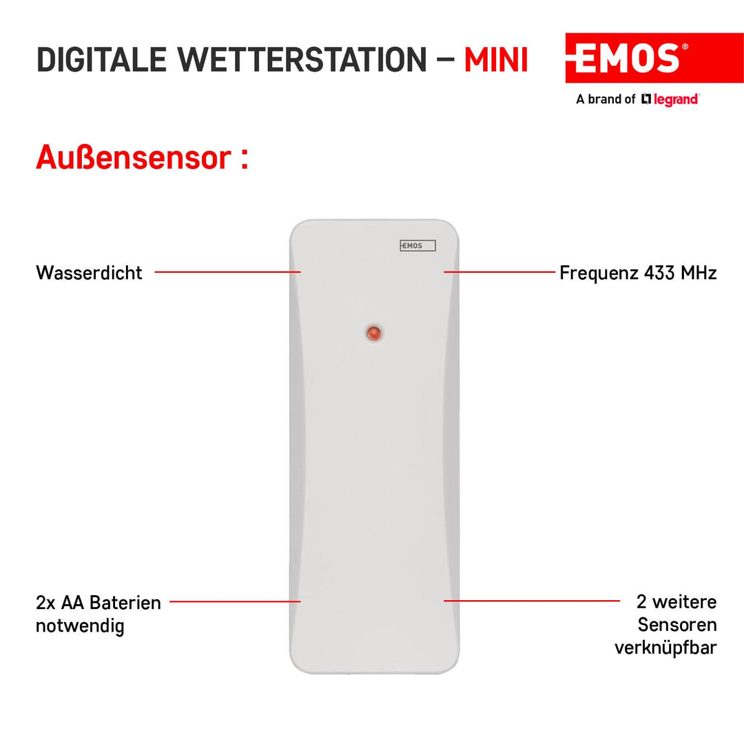 EMOS Mini Funk-Wetterstation mit Aussensensor, misst Innen- und Aussentemperatur, Feuchtigkeit, Wett