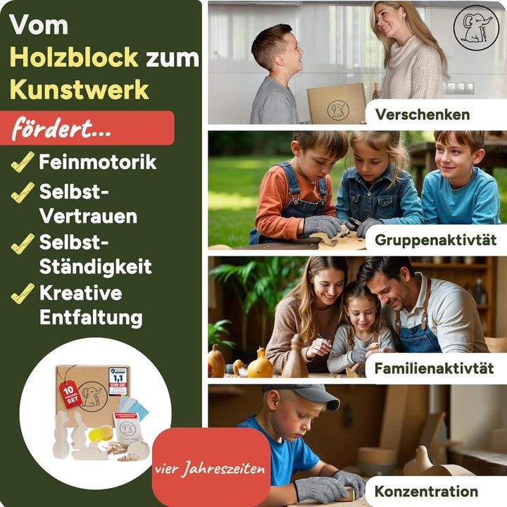 Eli® Lindenholz - Schnitzfiguren zum Schnitzen inkl. Schnitzanleitung für Kinder - Bastelset - Schni