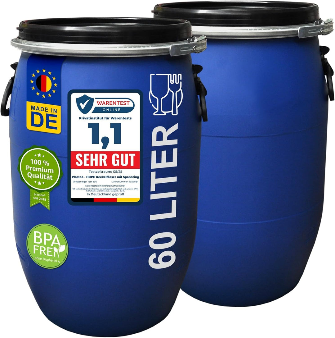 plasteo® 2 Stück: 60 L Weithalsfass mit Spannverschluss | 100% Lebensmittelecht | Universalfass | Fu