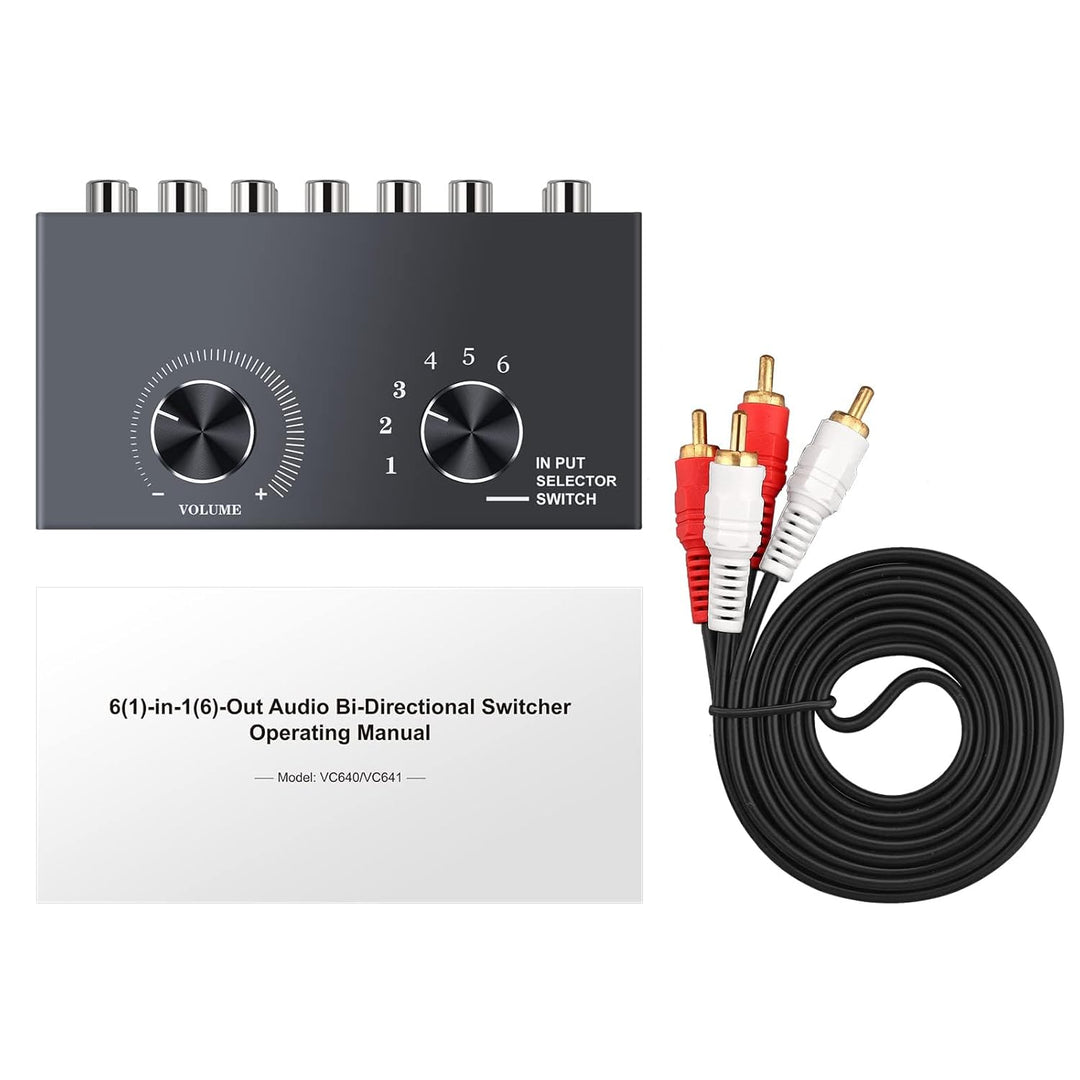 Cinch Umschalter PROZOR 6x1/1x6 Bidirektional Audio Umschalter Switch mit Lautstärkeregler RCA Stere