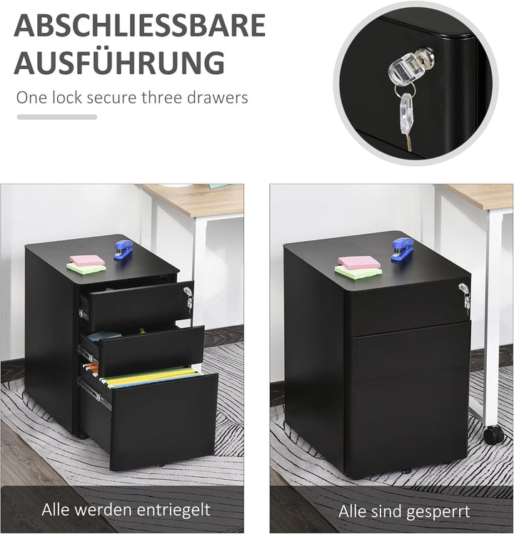 Vinsetto Rollcontainer, mobiler Aktenschrank mit 3 Schubladen, Büroschrank, Aufbewahrung, Stahl, Sch