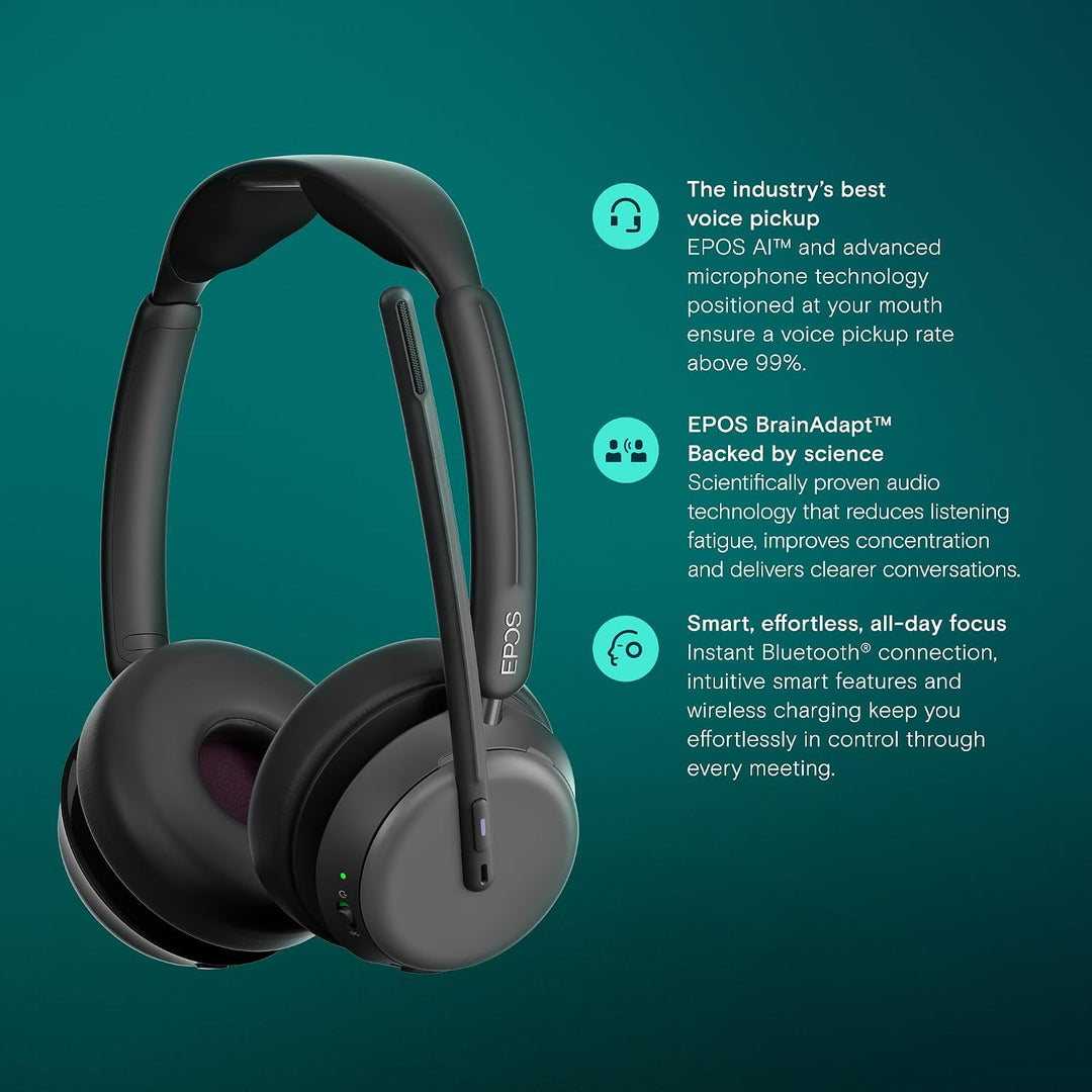 EPOS Impact 1000 MS UC ANC Bluetooth-Headset mit Ladestation und USB-C + USB-A Adapter für PC und Ma